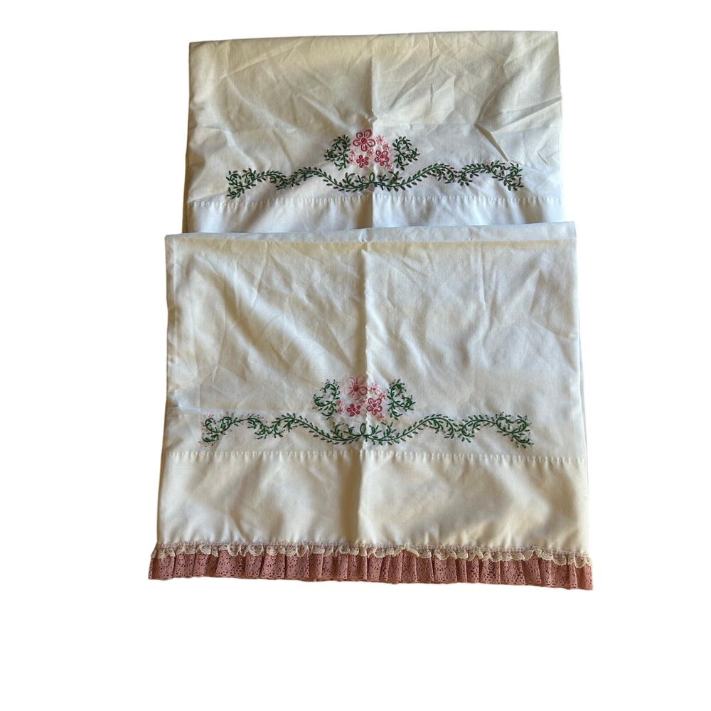 2 Vintage standard pillowcases embroidered pink green floral lace edges
